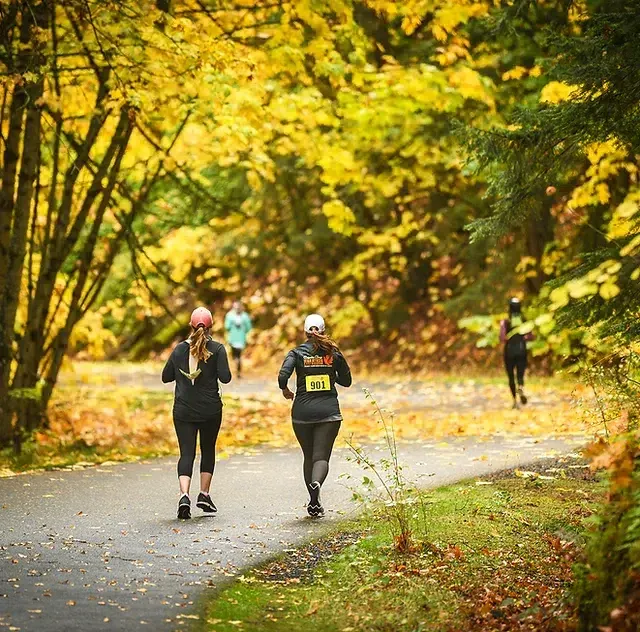 Two runners on a paved path surrounded by autumn foliage.