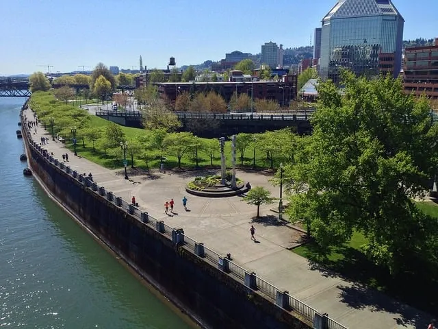 Runners on a paved path along a waterfront with city buildings in the background.