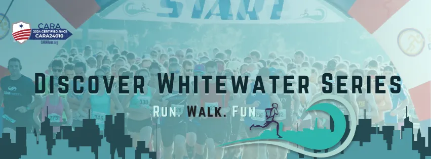 A large group of runners at the start line of the Discover Whitewater Series race, with the race name overlaid on the image.