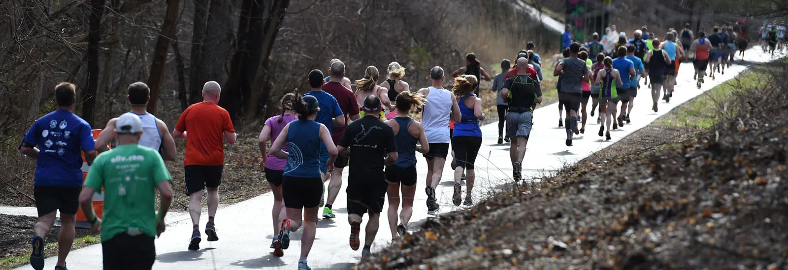 A group of runners on a paved path during a race, seen from behind.
