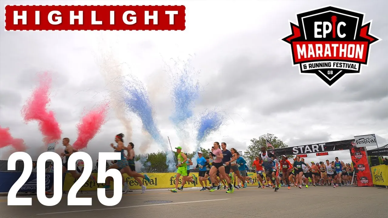Runners starting the Epic Marathon & Running Festival with red and blue smoke in the air and '2025' overlaid.