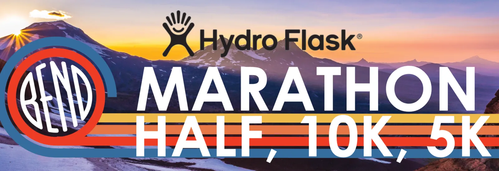 Bend Marathon Half, 10K, 5K with a scenic mountain backdrop and Hydro Flask logo.