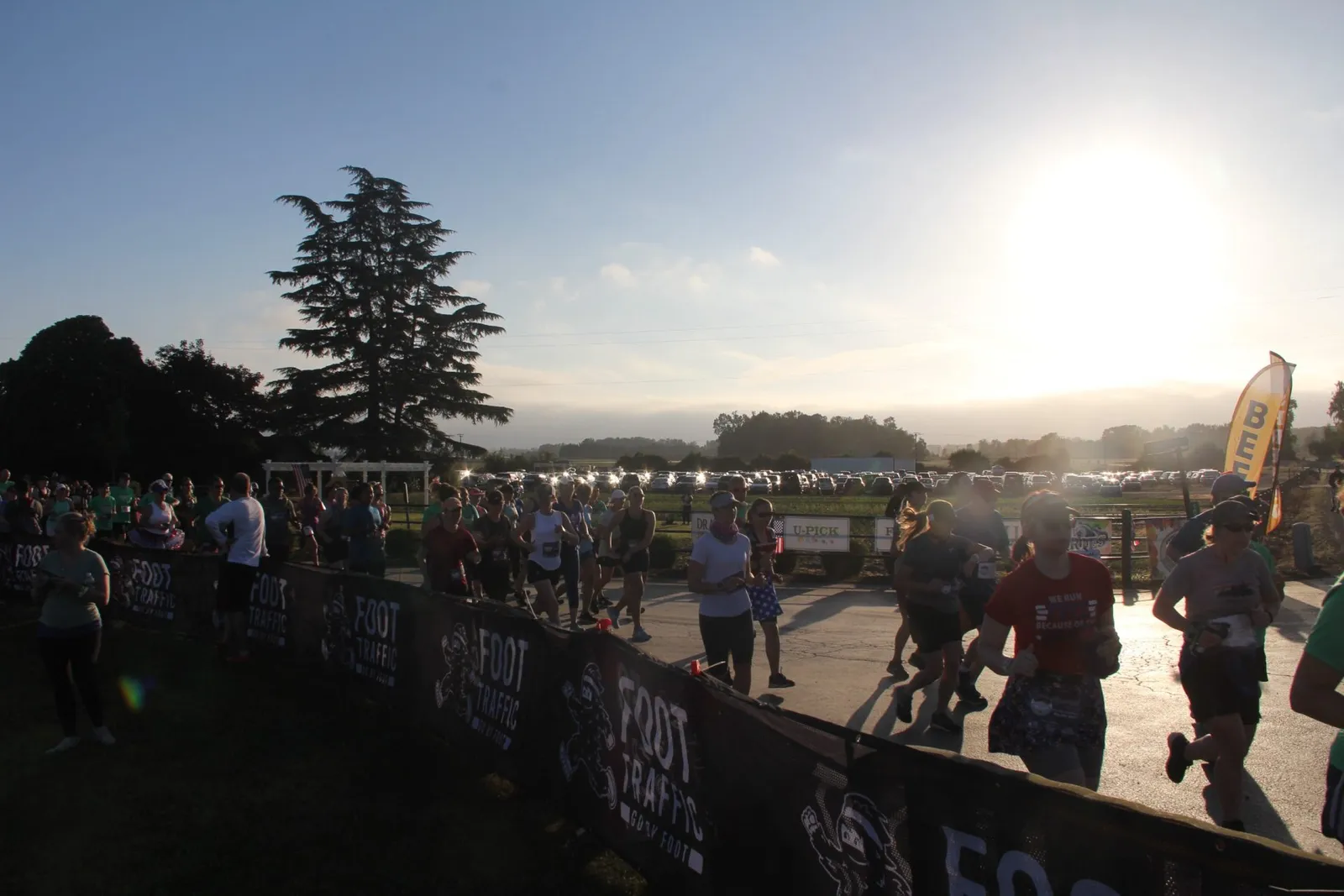 Runners gather at the start line of a race, with banners and trees in the foreground and a bright sun in the background.