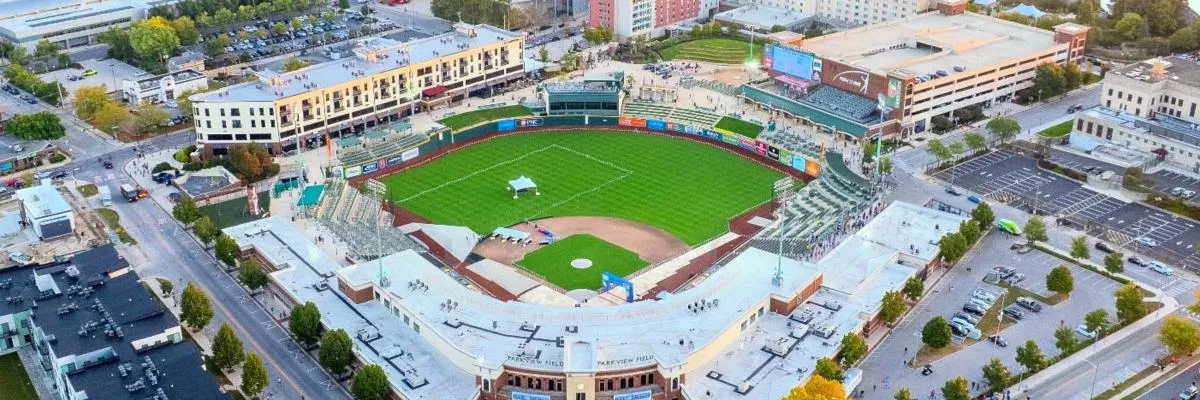 Aerial view of Parkview Field baseball stadium and surrounding urban area.