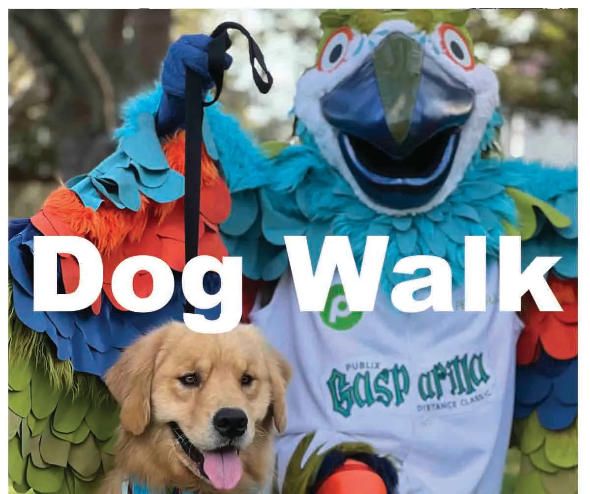 A mascot in a colorful parrot costume stands with a golden retriever dog, with the words "Dog Walk" overlaid on the image.