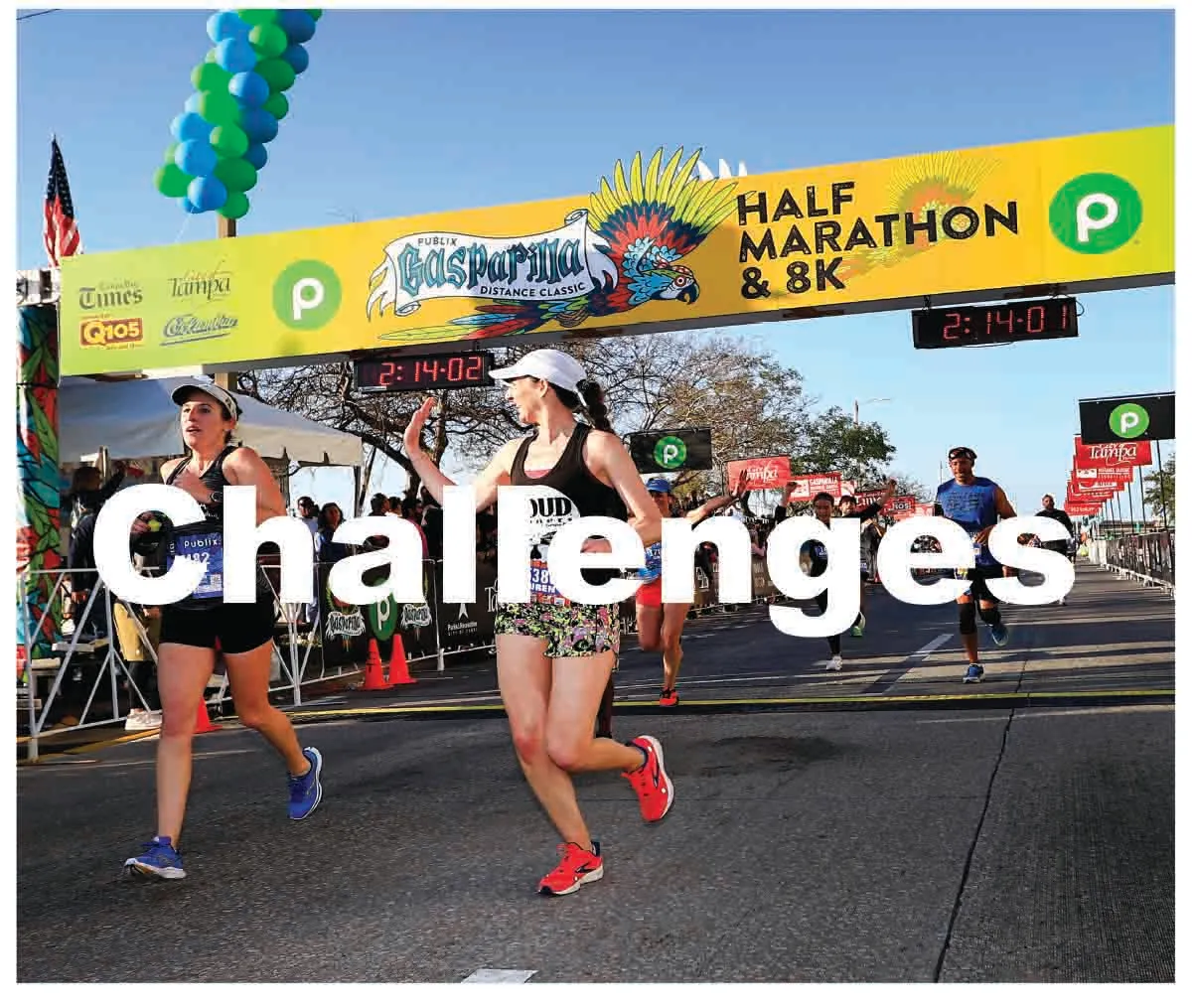 Runners crossing the finish line at the Gasparilla Distance Classic Half Marathon & 8K, with a large "Challenges" text overlay.