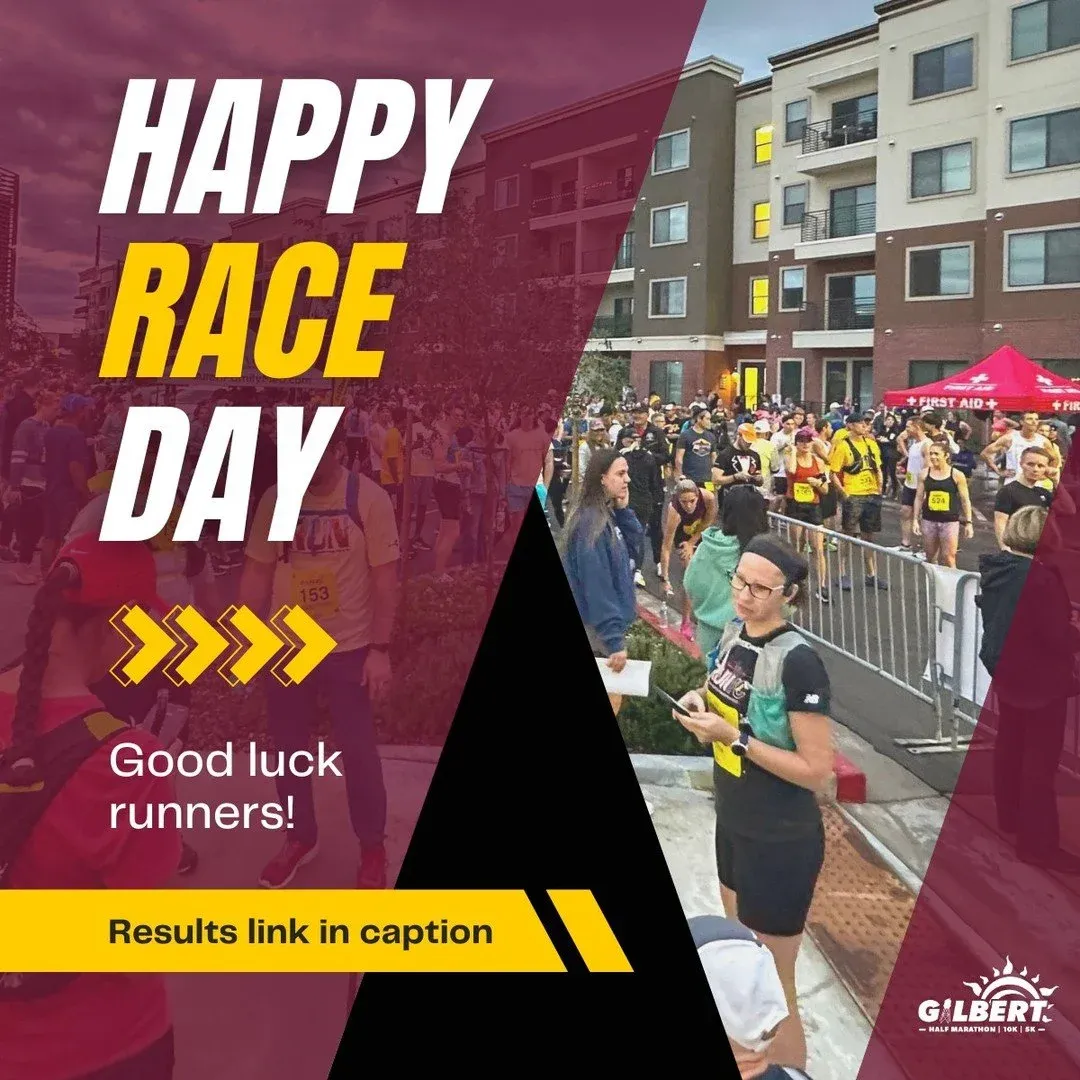 A crowd of runners gathered at the start line with "Happy Race Day" text overlay.