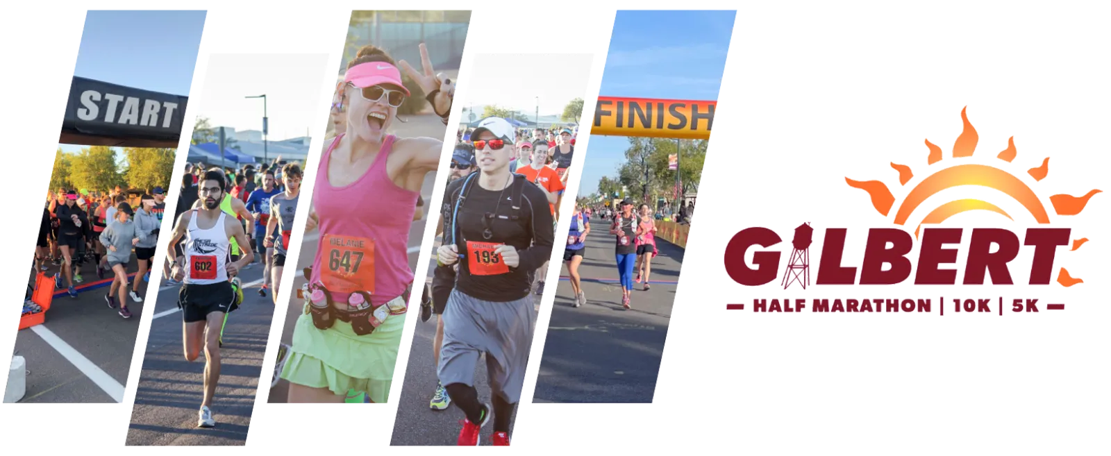 Collage of runners at the start and finish lines of the Gilbert Half Marathon.