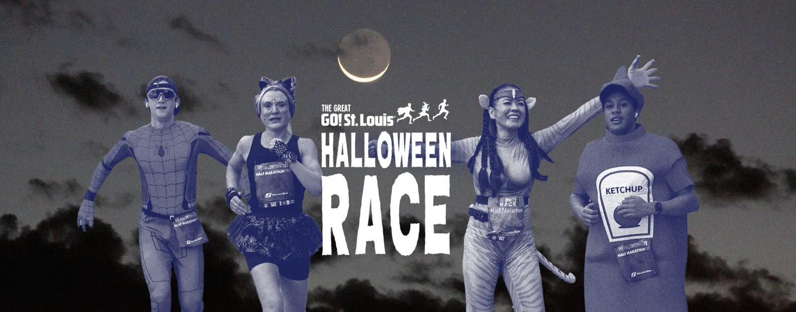 Runners in Halloween costumes, including Spider-Man, a cat, and a ketchup bottle, participating in the Great Go! St. Louis Halloween Race.