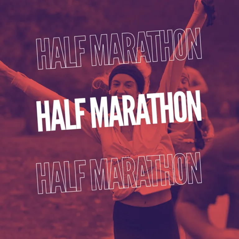 A runner with arms raised in celebration, with the words "HALF MARATHON" repeated three times across the image.