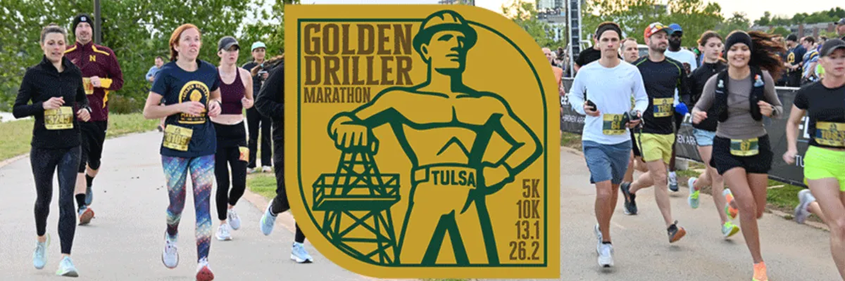 Runners participating in the Golden Driller Marathon, with the race logo prominently displayed.
