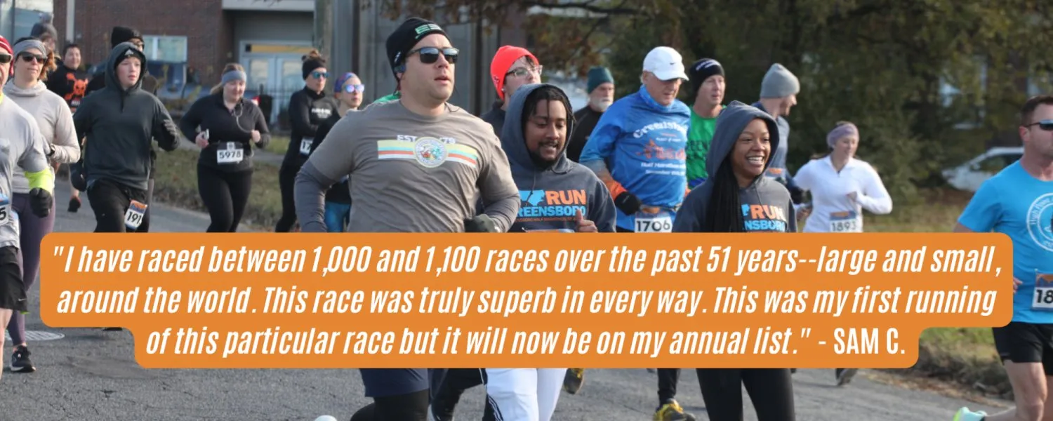 Runners participating in a race, with a large orange speech bubble containing a testimonial from a runner named Sam C.