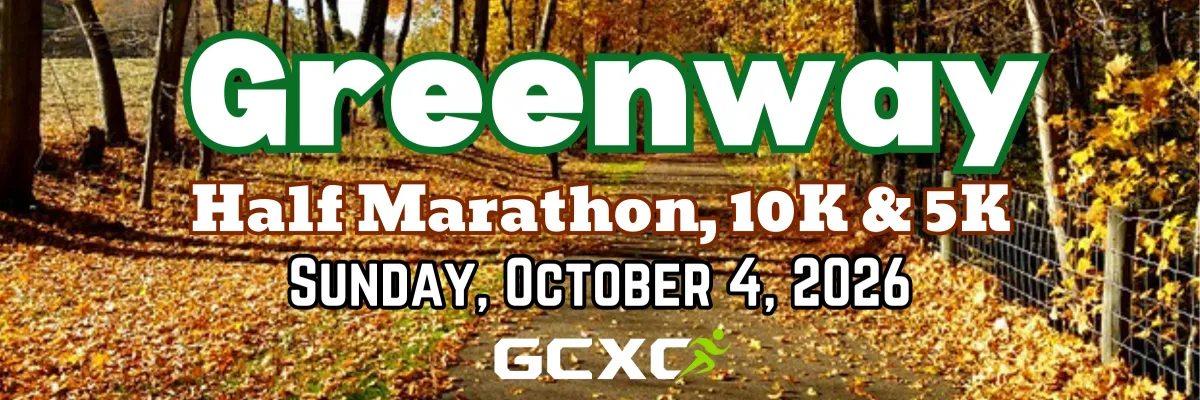 Greenway Half Marathon, 10K & 5K on Sunday, October 4, 2026, with a scenic autumn path.