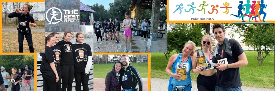 Collage of photos from the Halloween Trick or Trot Run, showing runners celebrating, at the start line, and posing with medals.