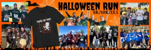 Collage of photos from the Halloween Trick or Trot Run, featuring groups of runners, a t-shirt design, and festive Halloween graphics.
