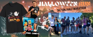 A group of runners celebrating at the Halloween Trick or Trot Run, with a runner in the background and race branding.