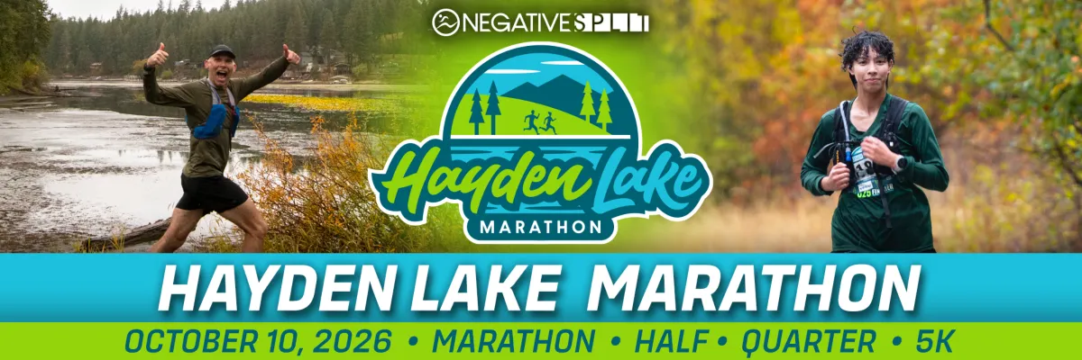 Runners celebrating and running with the Hayden Lake Marathon logo and event details.