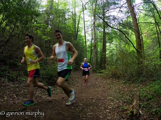 Three runners on a wooded trail, two in the foreground and one further back.