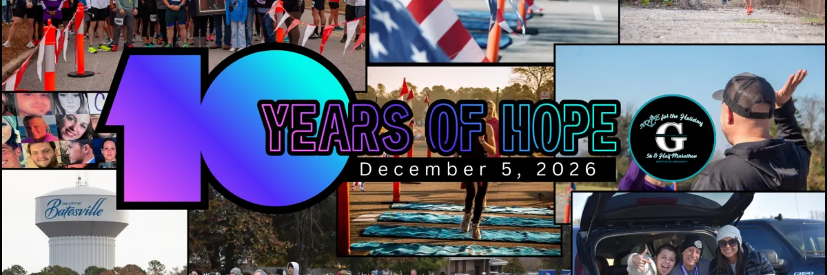 Collage of images for the Hope for the Holiday Half Marathon and 5k, featuring runners, a crowd, and celebratory moments.