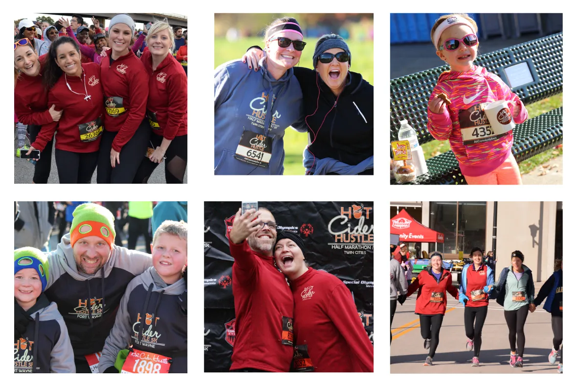 Collage of photos from the Hot Cider Hustle race, showing groups of runners smiling and celebrating.