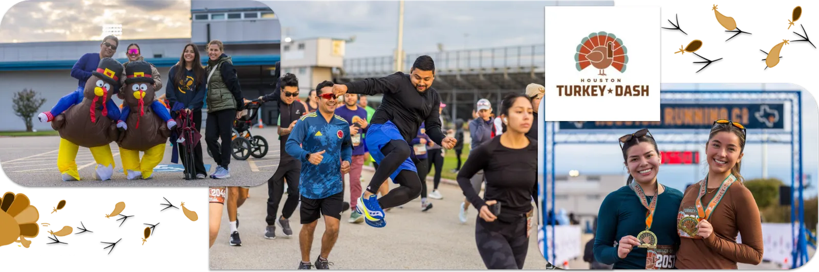 Runners in turkey costumes and participants celebrating with medals at the finish line of the Houston Turkey Dash.