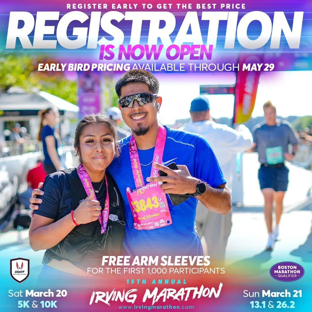 A smiling couple poses for a photo, both wearing race medals and bibs, with other runners and a finish line in the background. The image has a large text overlay advertising registration.