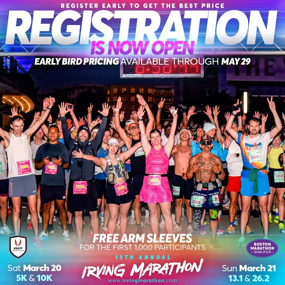 A large group of runners with their hands in the air, celebrating at the start line of the Irving Marathon. Text overlays announce registration is open and provide race details.