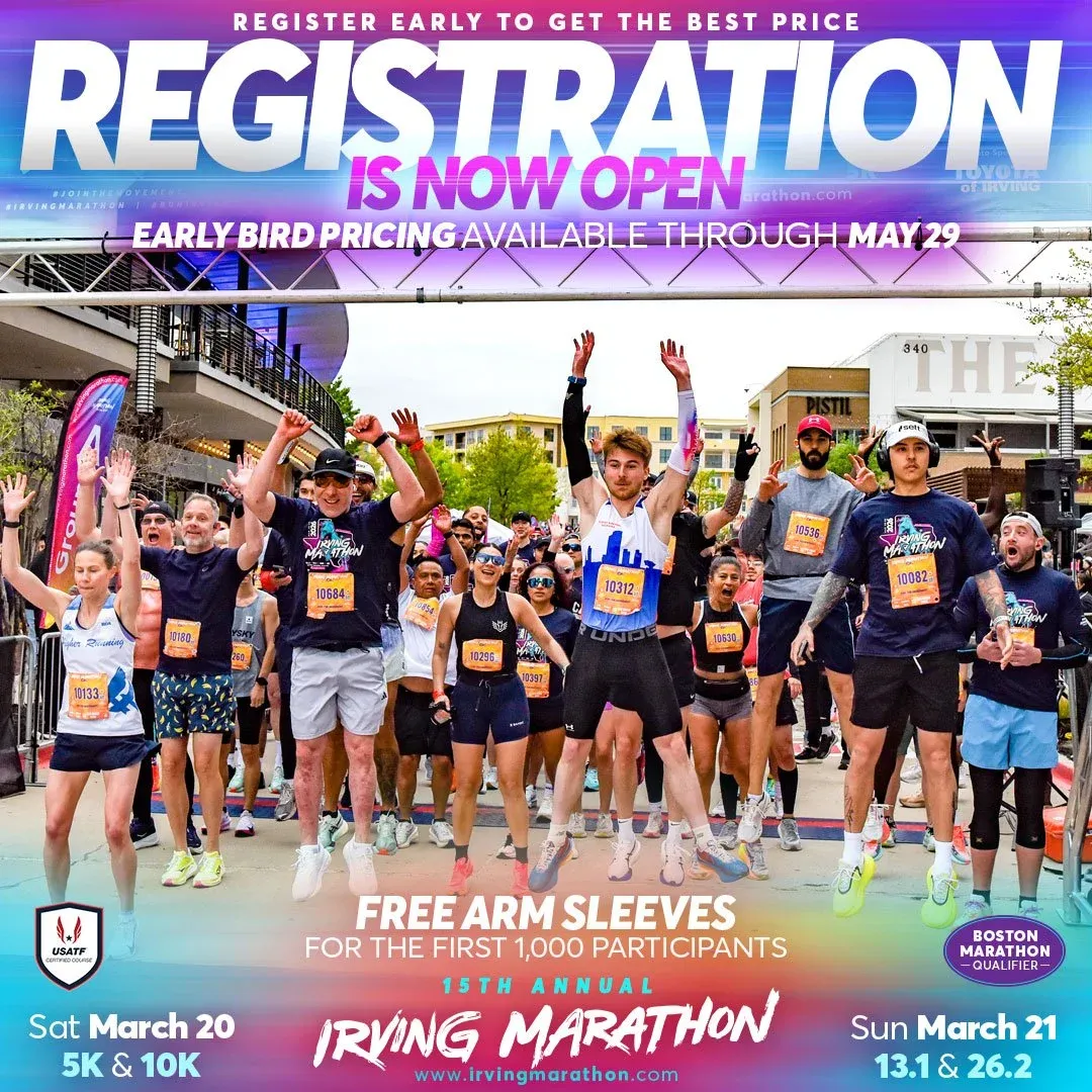 A group of runners jumping in the air with their arms raised at the start line of the Irving Marathon, with registration information overlaid on the image.