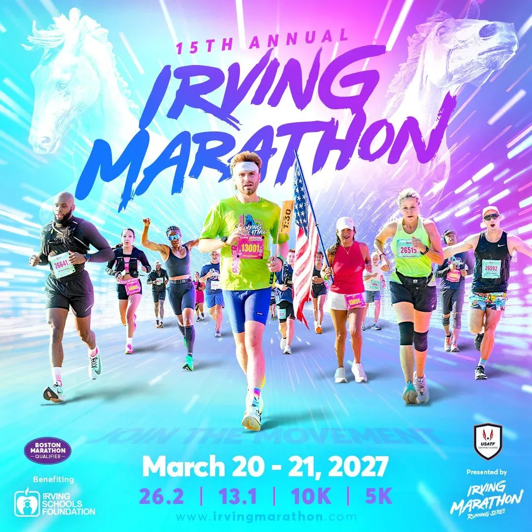 Runners participating in the 15th Annual Irving Marathon, with the event title and date prominently displayed.