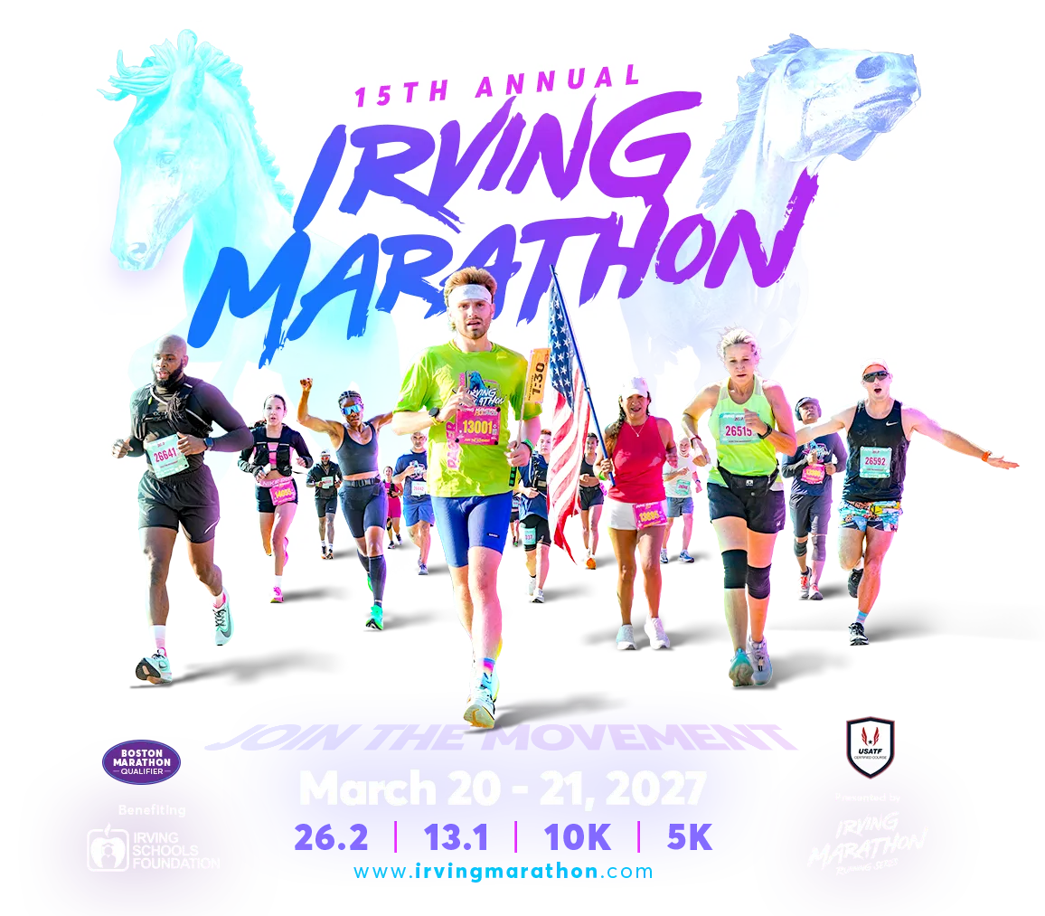 Runners participating in the 15th Annual Irving Marathon, with the event title and date prominently displayed.