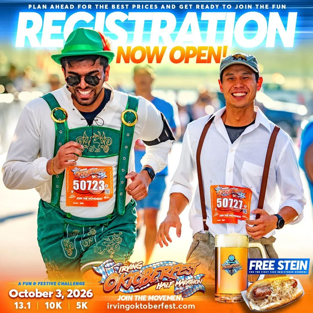 Two runners in traditional German Oktoberfest attire, smiling and running, with race branding and registration information overlaid.