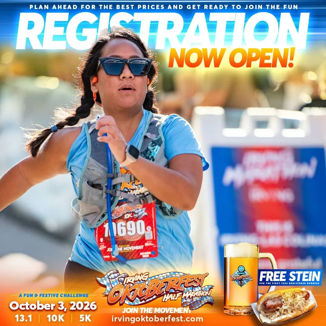 Runner with bib number 11690 participating in the Irving Oktoberfest Half Marathon, with text overlay indicating registration is open.