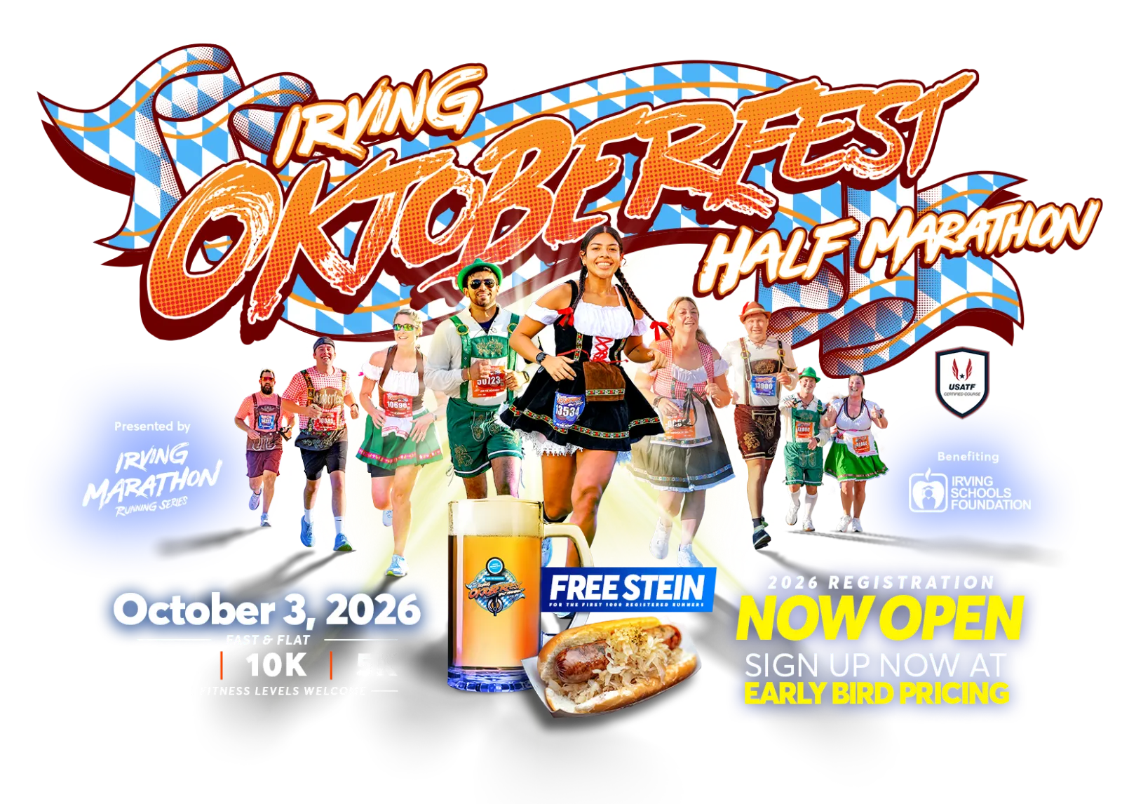 Runners in Oktoberfest-themed costumes participating in the Irving Oktoberfest Half Marathon, with race details and promotional text overlaid.