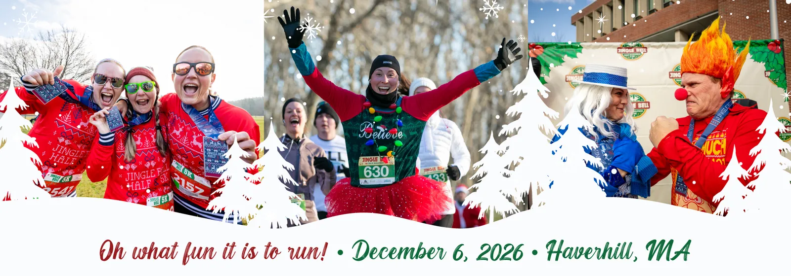 A collage of runners celebrating at the Jingle Bell Half Marathon, with some wearing festive holiday-themed outfits and medals.