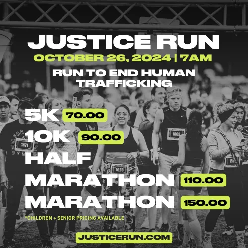 A crowd of runners at the start line for the Justice Run, with race details and pricing overlaid.