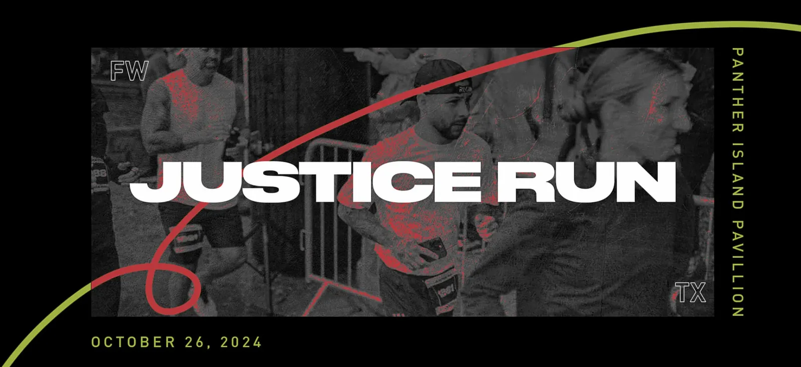 Runners at the start line of the Justice Run in Texas, with the race name prominently displayed.