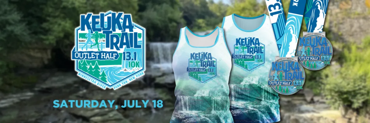 Keuka Trail Outlet Half Marathon and 10K race banner featuring race logo, running apparel, medals, and scenic waterfall background.