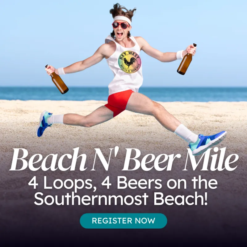 A man in a tank top and red shorts running on a beach, holding two bottles of beer, with the text 'Beach N' Beer Mile' and 'Register Now' overlaid.
