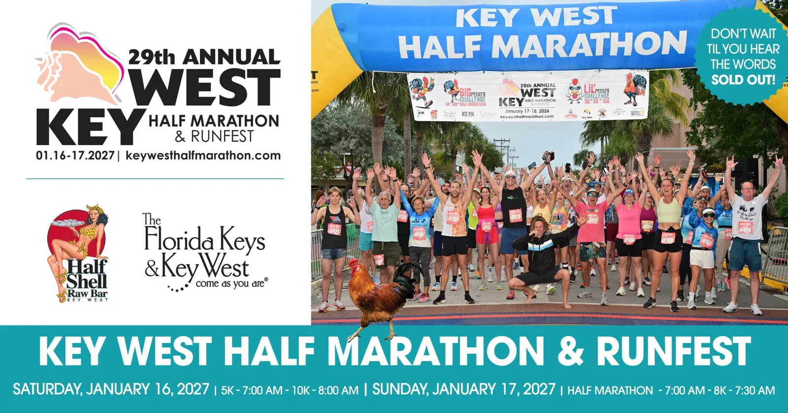 A large group of runners with their hands raised in excitement at the start or finish line of the Key West Half Marathon & Runfest, under a blue and yellow archway.