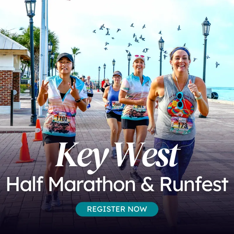 Runners participating in the Key West Half Marathon & Runfest, with the race title and 'Register Now' button overlaid.