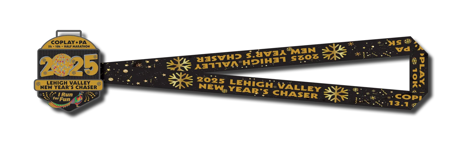 2025 Lehigh Valley New Year's Chaser medal with a ribbon displaying race details and snowflakes.