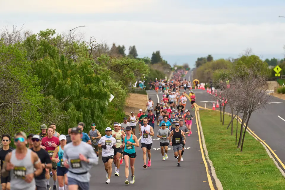 A large group of runners race down a road lined with trees, with the ocean visible in the distance.