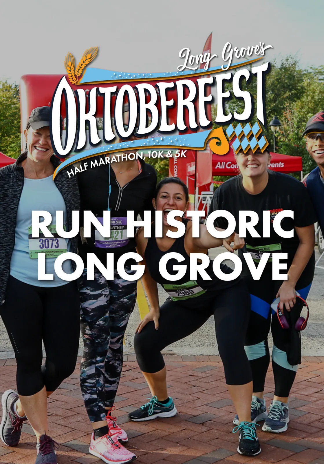 A group of smiling runners pose for a photo with the Oktoberfest race logo and text overlay 'RUN HISTORIC LONG GROVE'.