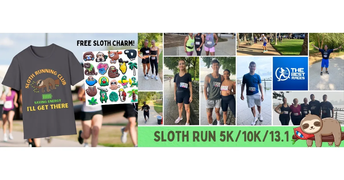 Collage of runners at a race, including groups and individuals, with a sloth graphic and race distances.