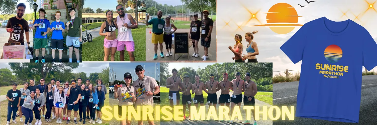 Collage of photos from the Sunrise Marathon, featuring runners, medals, and race merchandise.