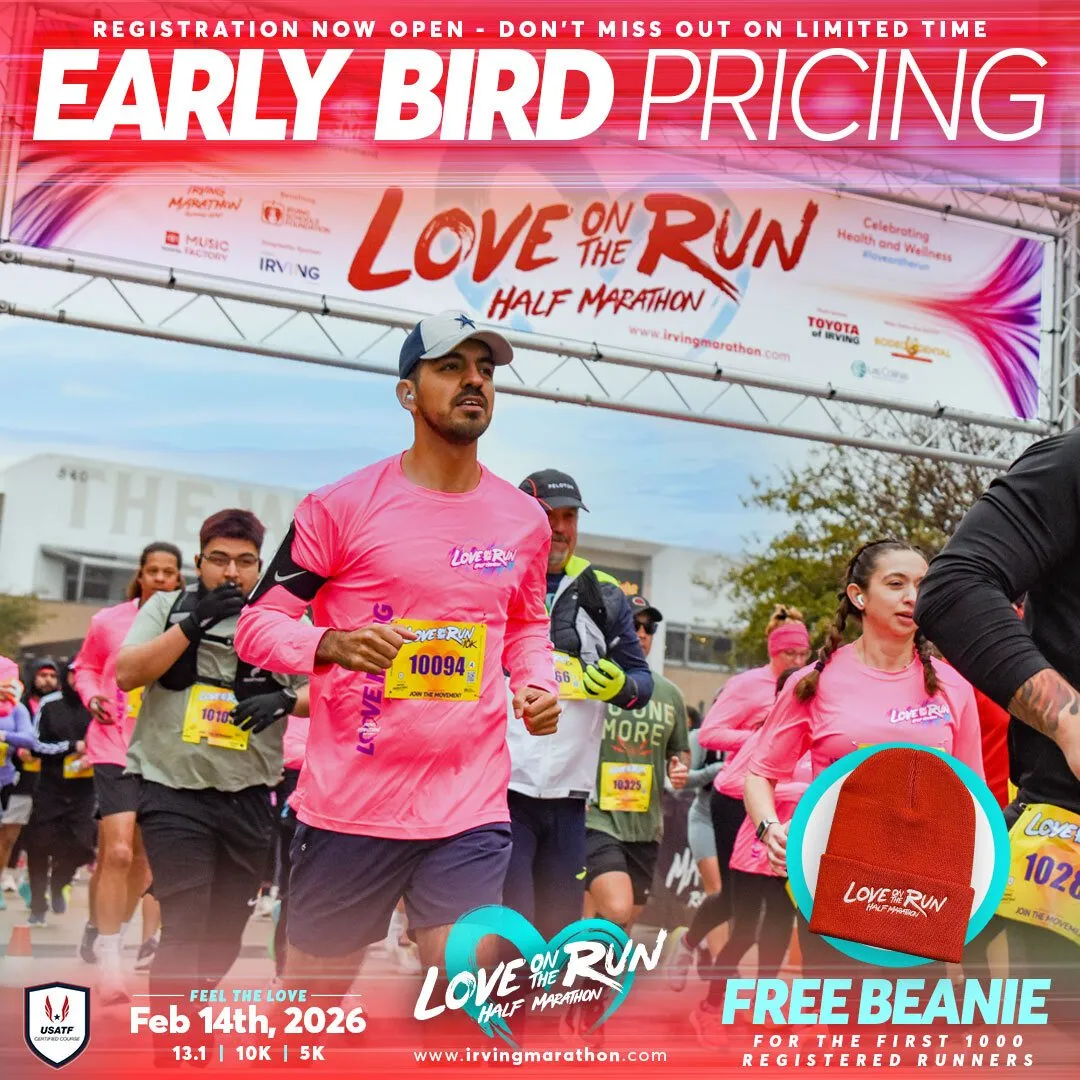 Runners in pink shirts participating in the Love on the Run Half Marathon, with 'Early Bird Pricing' and race details overlaid.