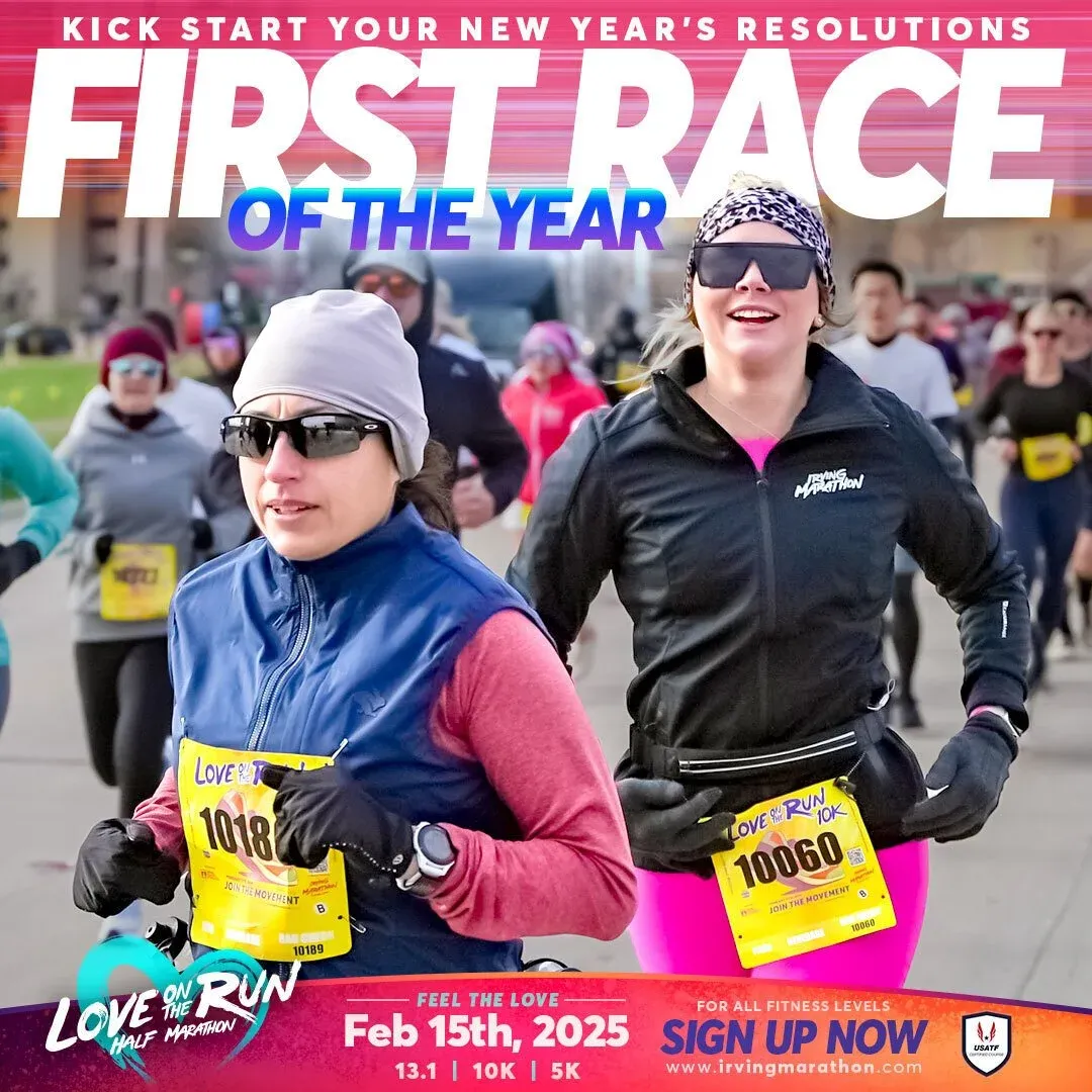 Two women running in the foreground, with other runners and a crowd in the background. Text overlays advertise the 'Love On The Run Half Marathon' and 'First Race Of The Year'.
