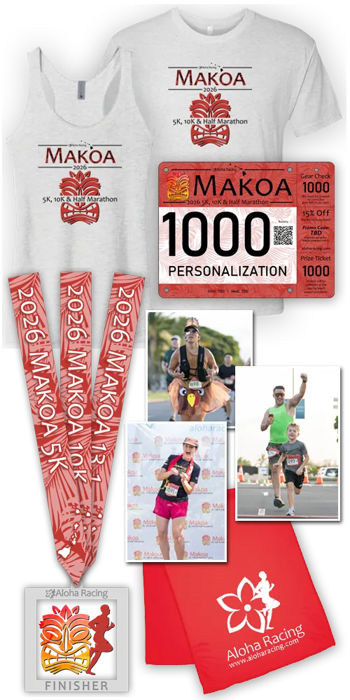 Collage of Makoa 5K, 10K, and Half Marathon race photos including runners, finishers, and race swag.