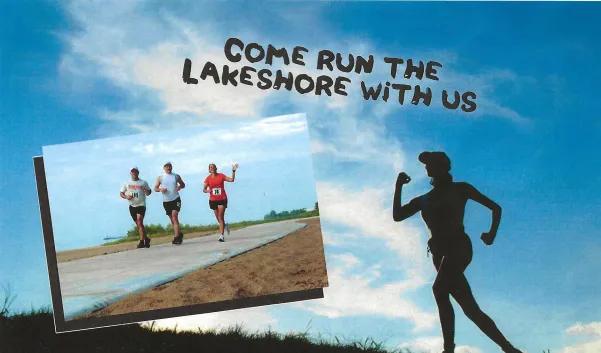 A runner silhouetted against a blue sky, with a smaller inset photo showing three runners on a path by the water.