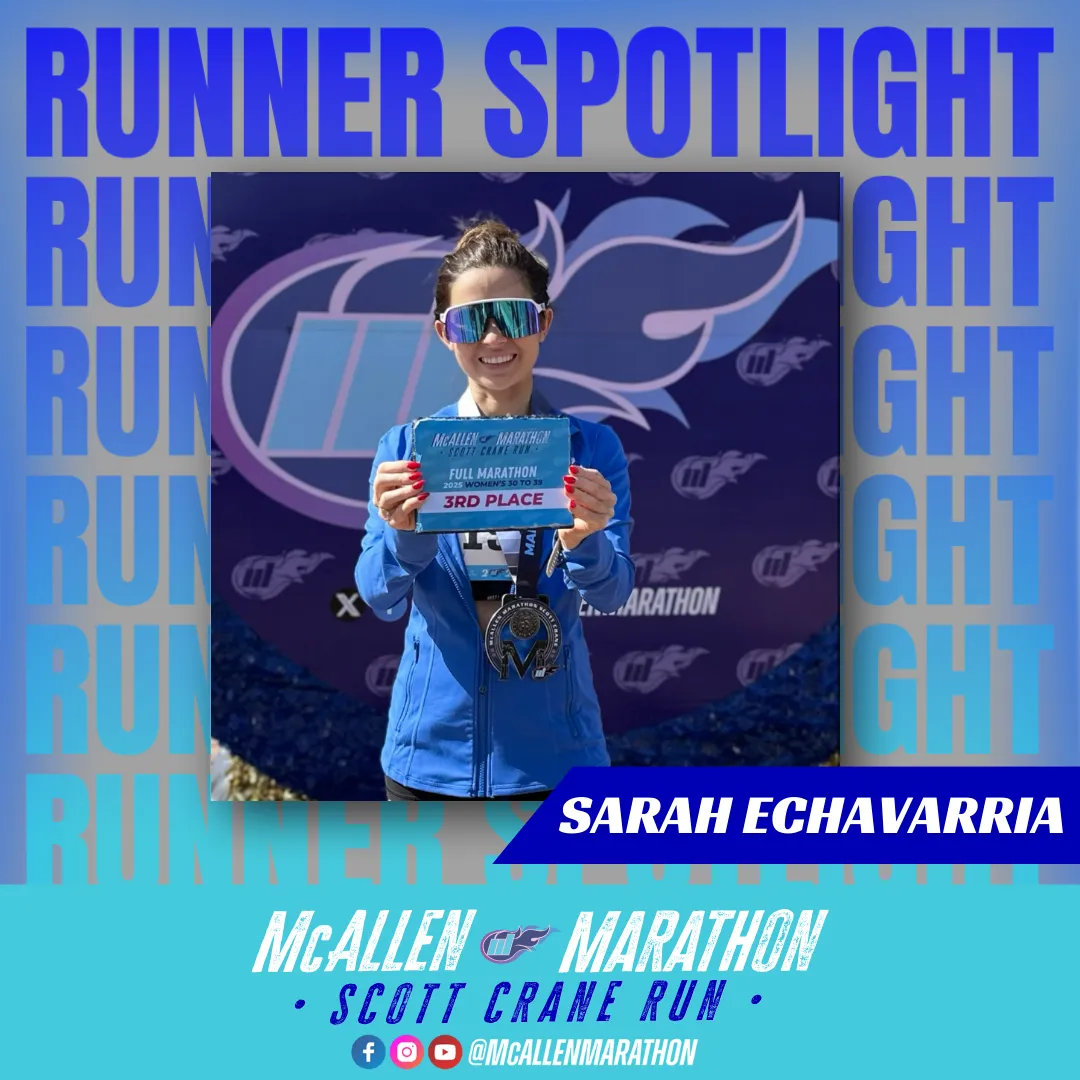 Sarah Echavarria holding her 3rd place award and medal from the McAllen Marathon Scott Crane Run.